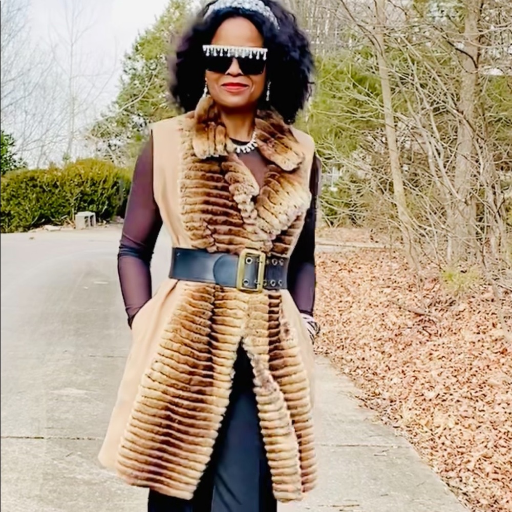 New designer open front  chinchilla vest coat s-m